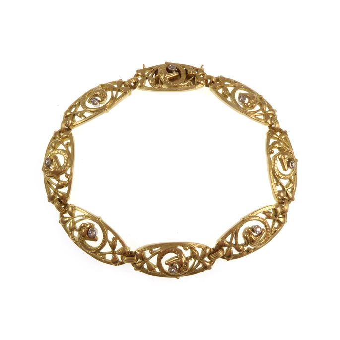 Antique 18ct gold and diamond oval panel bracelet | MasterArt
